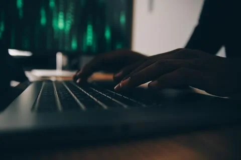 Hacker code in laptop. Cyber security, privacy or hack threat. Coder or pro.. 스톡 사진