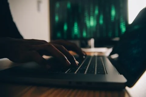 Hacker code in laptop. Cyber security, privacy or hack threat. Coder or pro.. Stock Photos