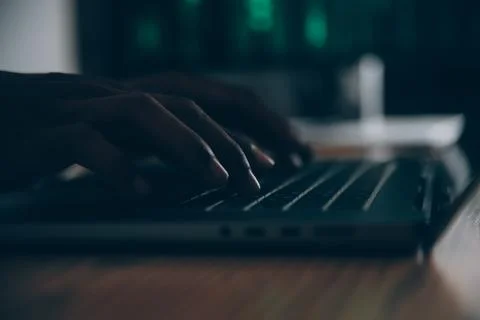 Hacker code in laptop. Cyber security, privacy or hack threat. Coder or pro.. Foto stock