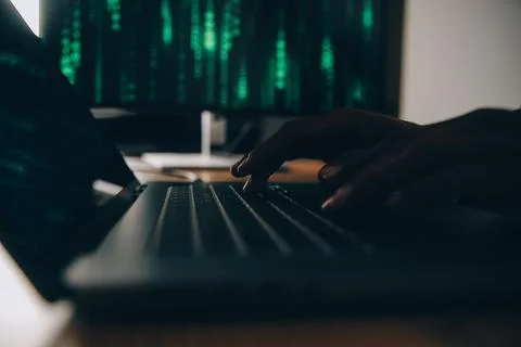 Hacker code in laptop. Cyber security, privacy or hack threat. Coder or pro.. 스톡 사진