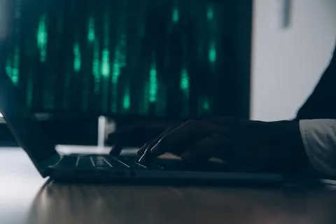 Hacker code in laptop. Cyber security, privacy or hack threat. Coder or pro.. Foto stock