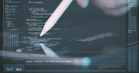 Hacker Code Screen Overlay in front of person with stylus on tablet Stock Footage 248206715