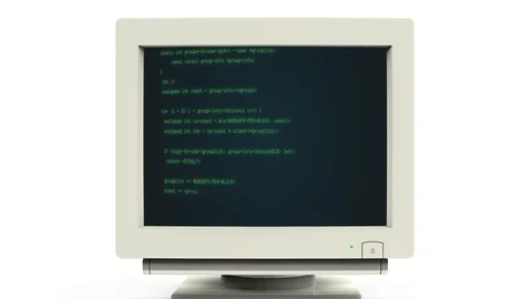 Hacker code scrolling on a retro computer screen terminal Stock Footage 129653918