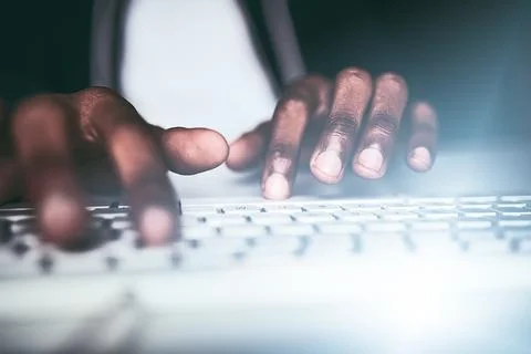 Hacker, coding and hands in night with keyboard, typing and information Stock Photos