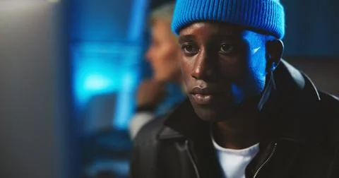 Hacker, coding and man with computer, night and data for cyber espionage, system Foto stock