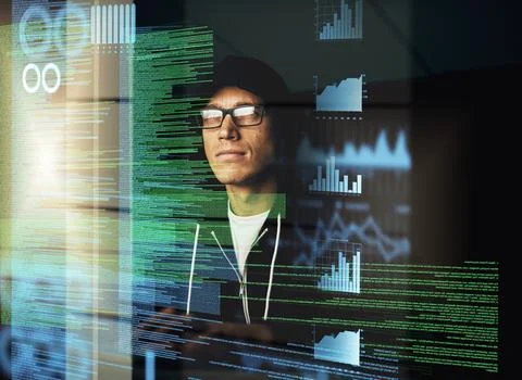 Hacker, coding and man in night with software, hologram and information Stock-Fotos