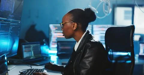 Hacker, coding and woman with computer, night and data for cyber espionage 스톡 사진
