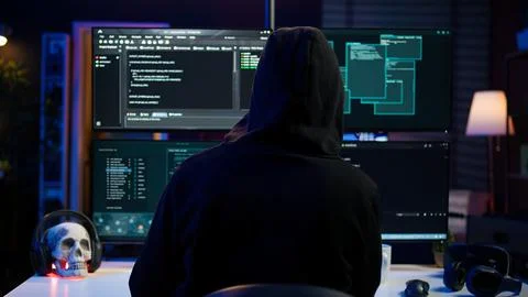 Hacker coding, developing zero day exploit undetectable by antivirus Stock Photos