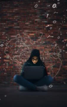 Hacker, coding overlay and woman on laptop in dark for cybersecurity, phishing 写真素材