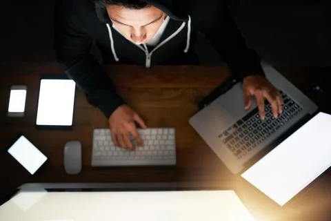 Hacker, computer and screen for cybersecurity crime, digital of money for online 写真素材
