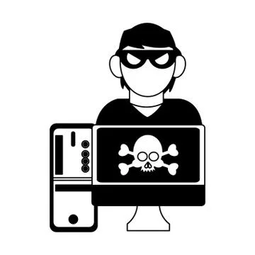 Hacker on computer in black and white 库存插图