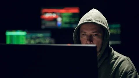 Hacker computer room with data on the screens 스톡 사진