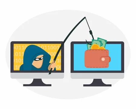 Hacker in computer screen with fishing hook stealing user bank login password Illustrazione stock