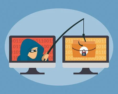 Hacker in computer screen with fishing hook stealing user data online cybercrime Illustrazione stock
