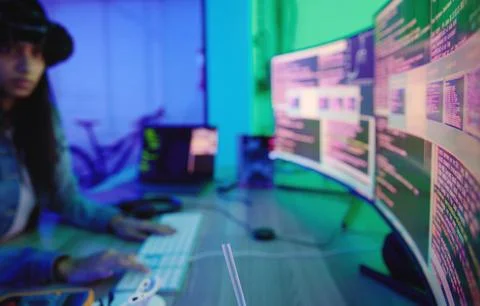 Hacker, computer screen or neon coding on cybersecurity ransomware, SEO night Stock Photos