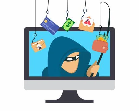 Hacker in computer screen with phishing hook stealing credit card information 스톡 일러스트