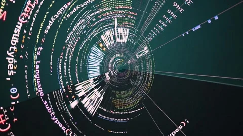 Hacker concept animation, colored coding lines in a black hole funnel vortex on Stock Footage 307417524