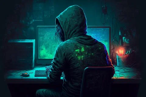 Hacker Concept. Hacker Sitting In Front of the Computer With Hacking Codes .. Stock Illustration