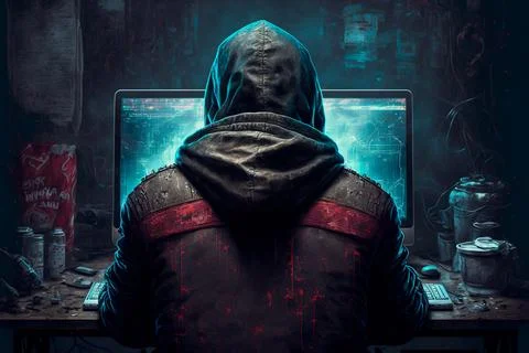 Hacker Concept. Hacker Sitting In Front of the Computer With Hacking Codes .. Stock Illustration