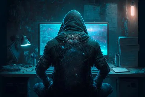 Hacker Concept. Hacker Sitting In Front of the Computer With Hacking Codes .. Stock Illustration