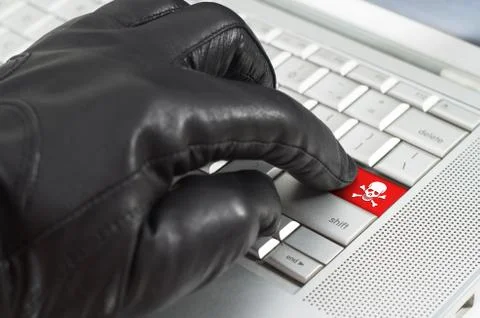Hacker concept with hand wearing black leather glove pressing enter key butto Stock Illustration