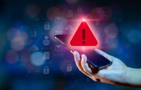 Hacker control and spying on your mobile phone. Symbol of caution in the us.. Stock Photos