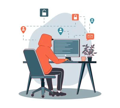 Hacker cracking passwords. Guy in hood sitting at monitor, writing program Ilustração Stock