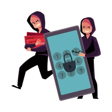 Hacker cracking smartphone, breaking pin code, stealing credit card money Stock Illustration