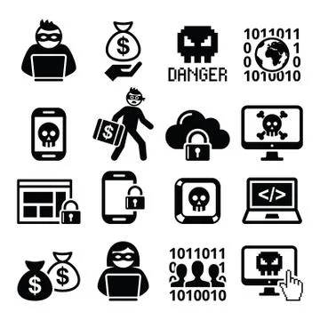 Hacker, cyber attack, cyber crime icons set Stock Illustration