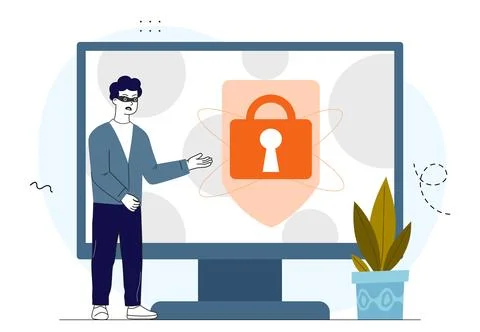 Hacker with cyber security. Man in black mask near computer screen with lock Stockillustratie