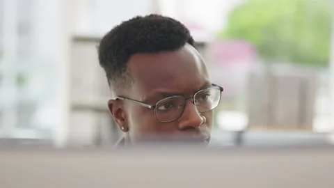 Hacker, cyber security or serious black man programmer for thinking, coding or Stock Footage 232697861