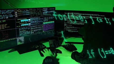 Hacker in Dark Room with Coding Reflections - Stressful Cybersecurity Scene Stock Footage 306334737