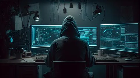 A hacker in a dark room with computers. The concept of cybercrime. Stock Illustration