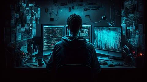 A hacker in a dark room with computers. The concept of cybercrime. Stock Illustration