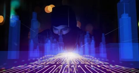 Hacker in dark room surrounded by digital binary code and virtual skyscrapers Stock Illustration
