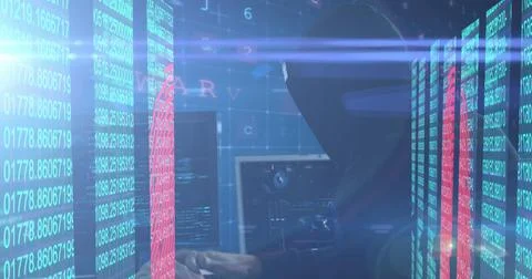 Hacker in dark room typing on keyboard surrounded by digital code screens Stock Illustration