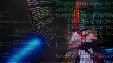 Hacker Desktop Setup with Blue Lens Flare Code Overlay Stock Footage 335830565