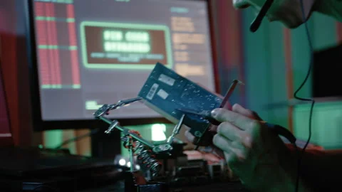 Hacker Desoldering Microchip Components in Industrial Workspace Vidéo 341661030