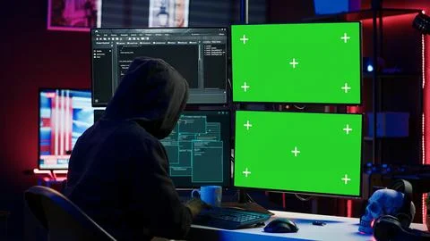 Hacker developing spyware software on green screen computer to steal data Stock Photos