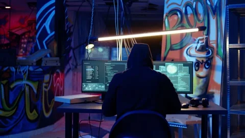 Hacker devising plan, coding malware designed to exploit network Video stock 319527765