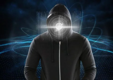 Hacker with a digital circle on his face in front of digital blue background Foto stock