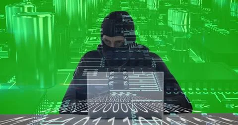 A hacker with a digital interface conducts cyber operations, symbolizing global Stock Photos