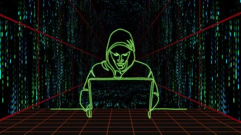 Hacker in Digital World: Neon Data Streams and Cyber Security. Continuous Line Stock Illustration