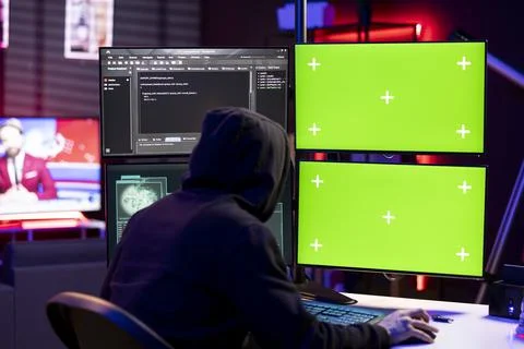 Hacker does phishing attacks using isolated screen multi monitor setup 스톡 사진