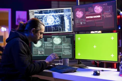 Hacker doing covert operations using AI on isolated screen PC 스톡 사진