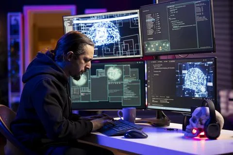 Hacker doing phishing attacks using artificial intelligence, tricking users Foto stock