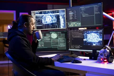 Hacker drinking coffee, installing spyware with AI to secretly gather data Stock-Fotos