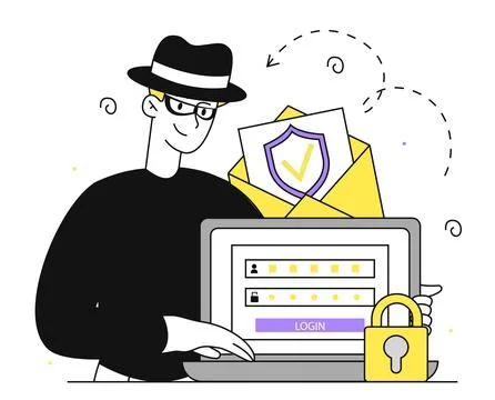 Hacker with email at computer vector linear 库存插图