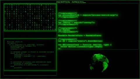 Hacker encryption process visual green code windows, binary digits, terminal tex Stock Footage 340526567