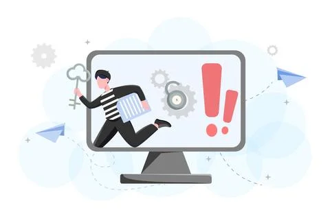 Hacker escaping computer screen concept. Vector illustration Illustrazione stock